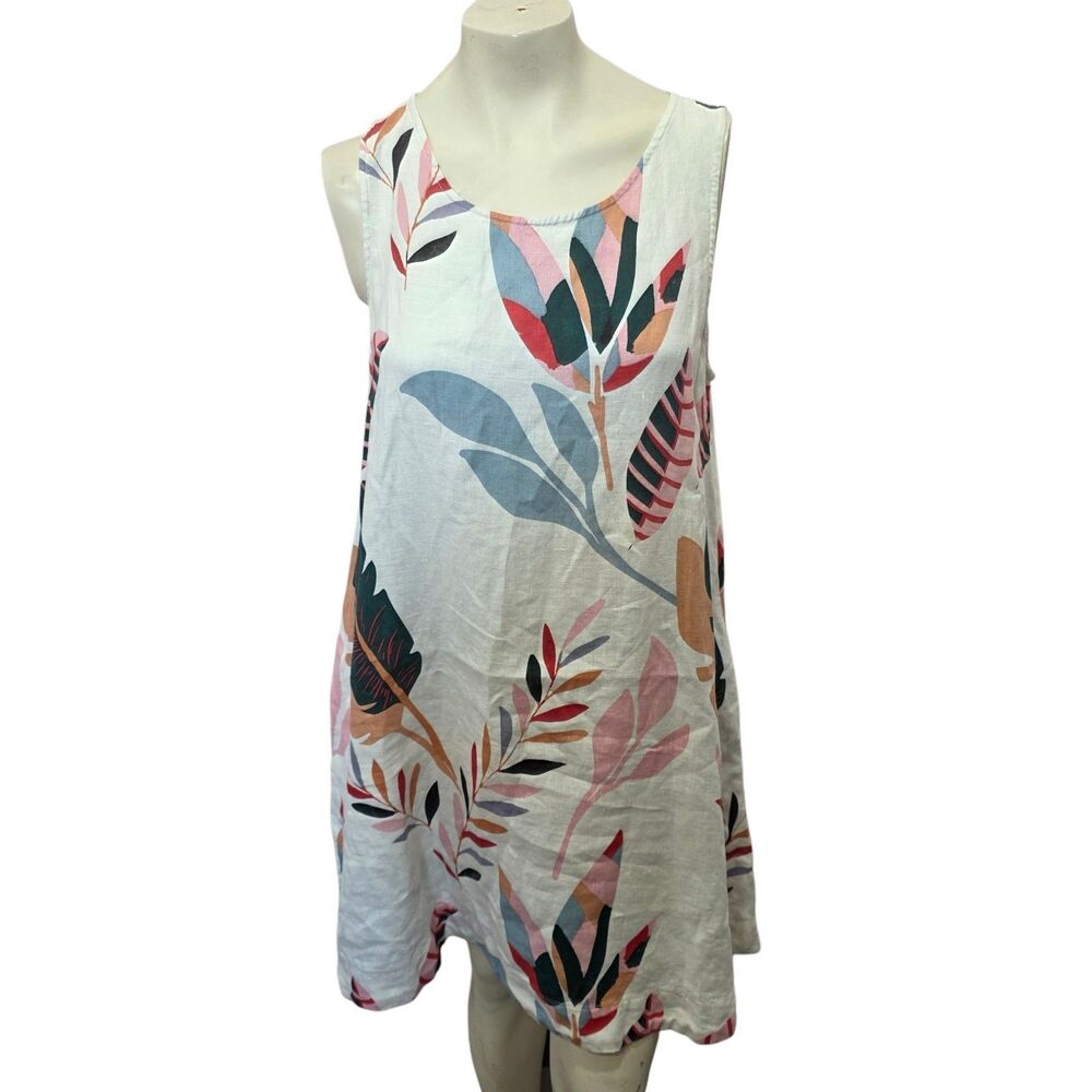 Cynthia Rowley 100% Linen Tropical Leaf Shift Dress Sleeveless Large‎